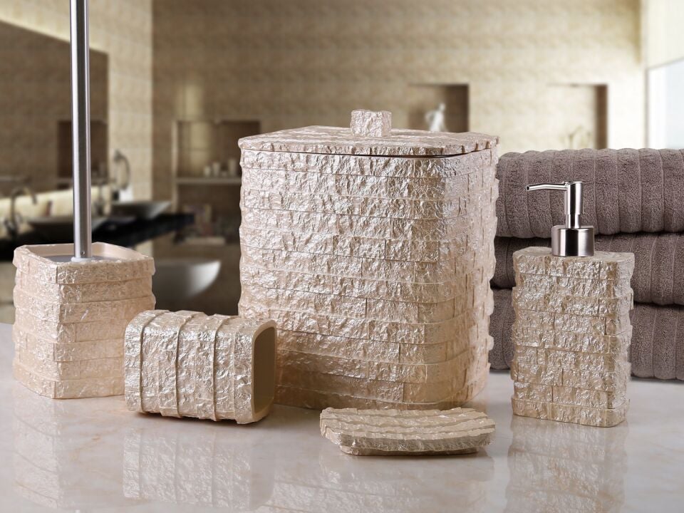 By Selim Stone 5 Parça Polyesyer Banyo Seti - İnci