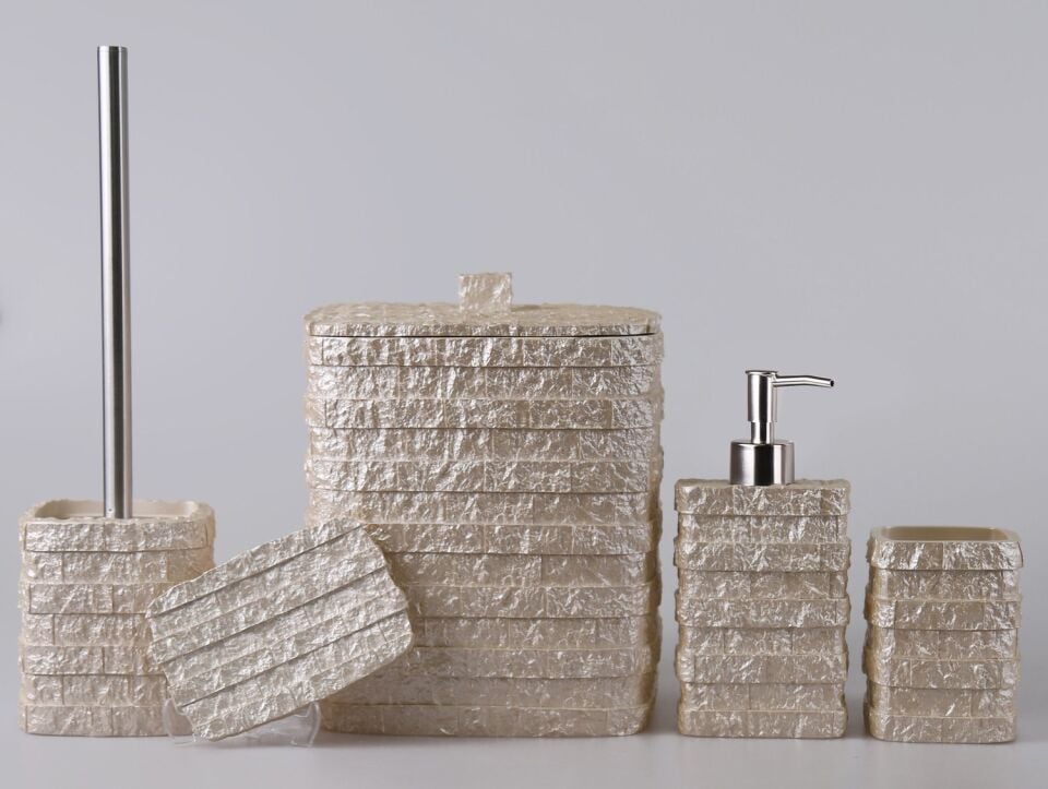 By Selim Stone 5 Parça Polyesyer Banyo Seti - İnci