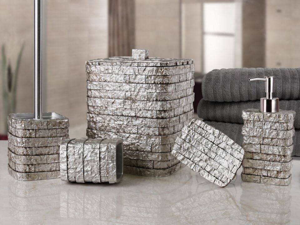 By Selim Stone 5 Parça Polyester Banyo Seti - Gümüş -