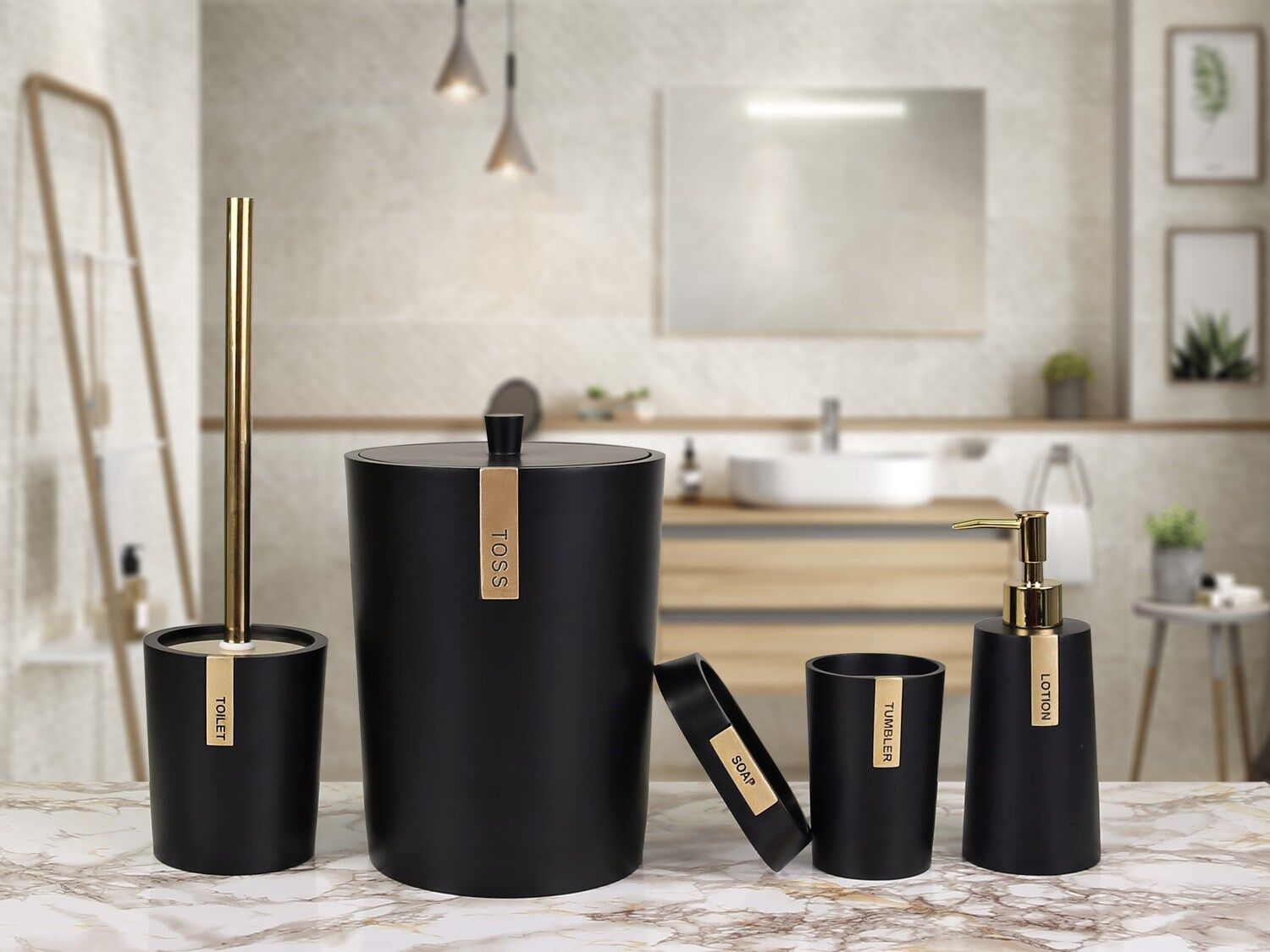 By Selim Troy 5 Parça Polyester Banyo Seti - Siyah