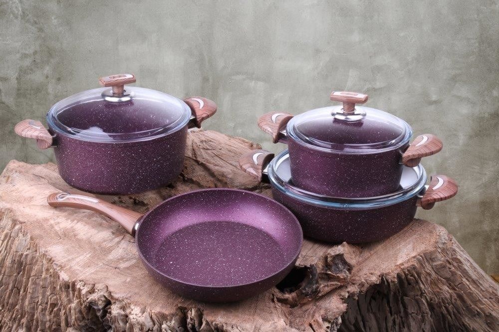 Oms 7 Parça Granit Tencere Takımı Mor Renk