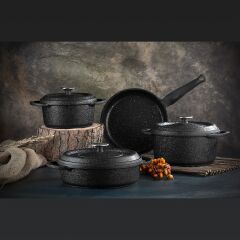 OMS 7 Parça Quartz Prime Granit Döküm Tencere Seti - Siyah