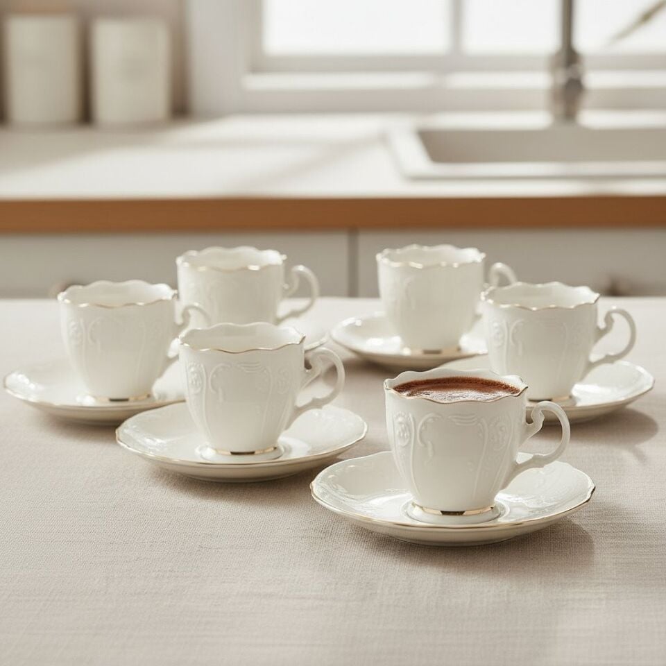 Amara Kabartma Vintage Yaldızlı Model 6 Kişilik Porselen Krem Kahve Fincan Takımı – 90 Ml.