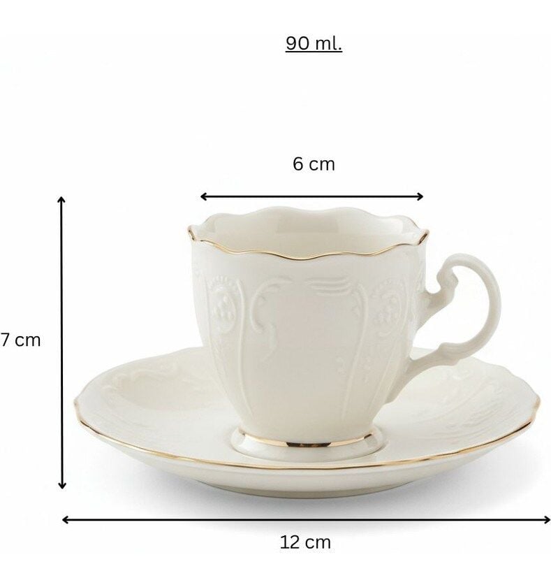 Amara Kabartma Vintage Yaldızlı Model 6 Kişilik Porselen Krem Kahve Fincan Takımı – 90 Ml.