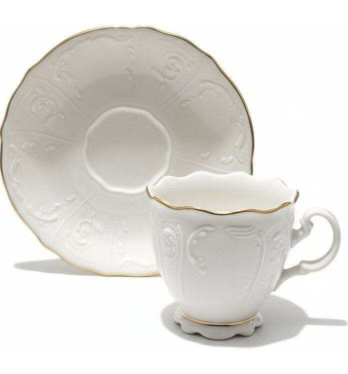 Amara Kabartma Vintage Yaldızlı Model 6 Kişilik Porselen Krem Kahve Fincan Takımı – 90 Ml.