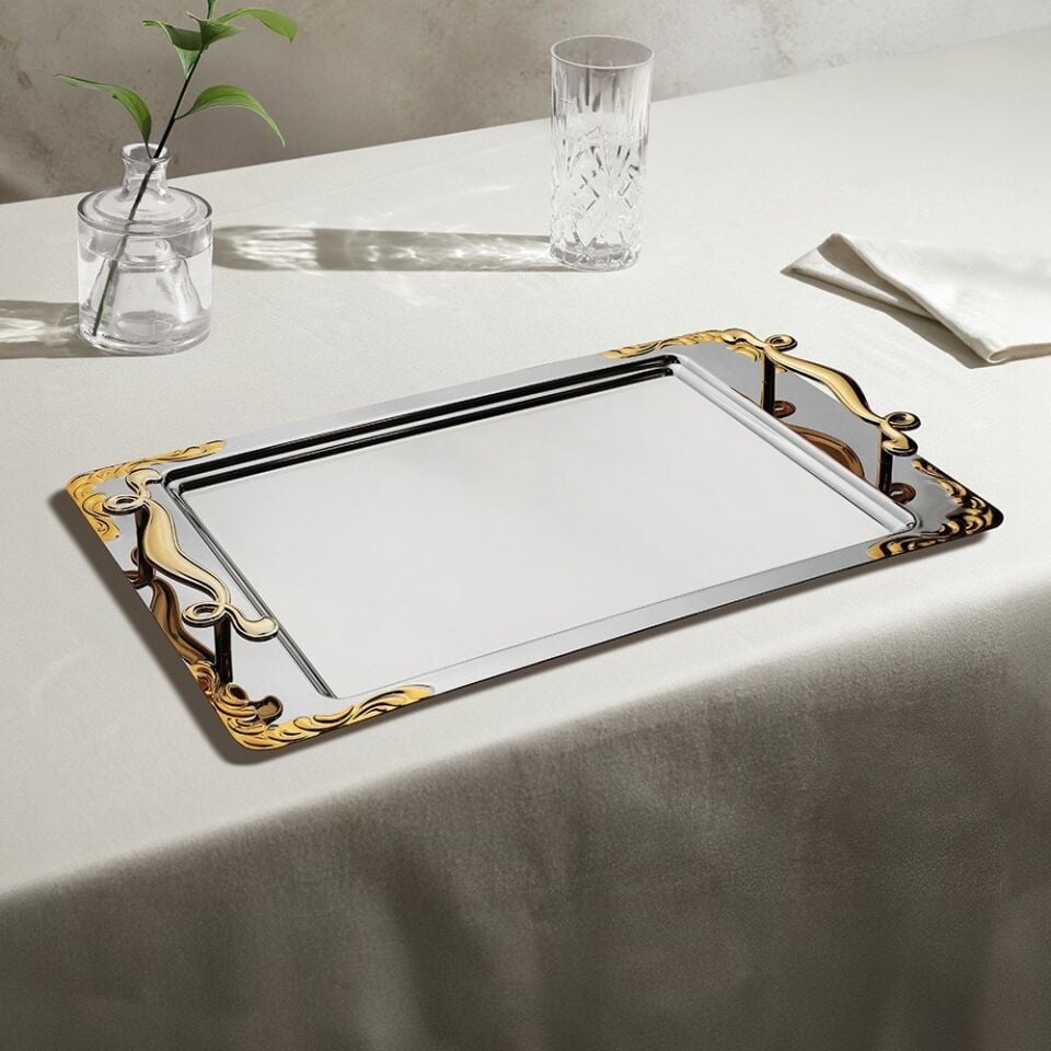 Nehir Lalezar Altın Sade Çelik Çay Tepsi