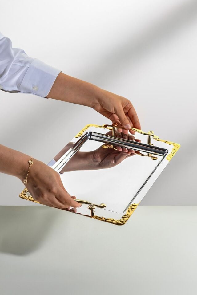 Lalezar Altın Sade Çelik Kahve Tepsi