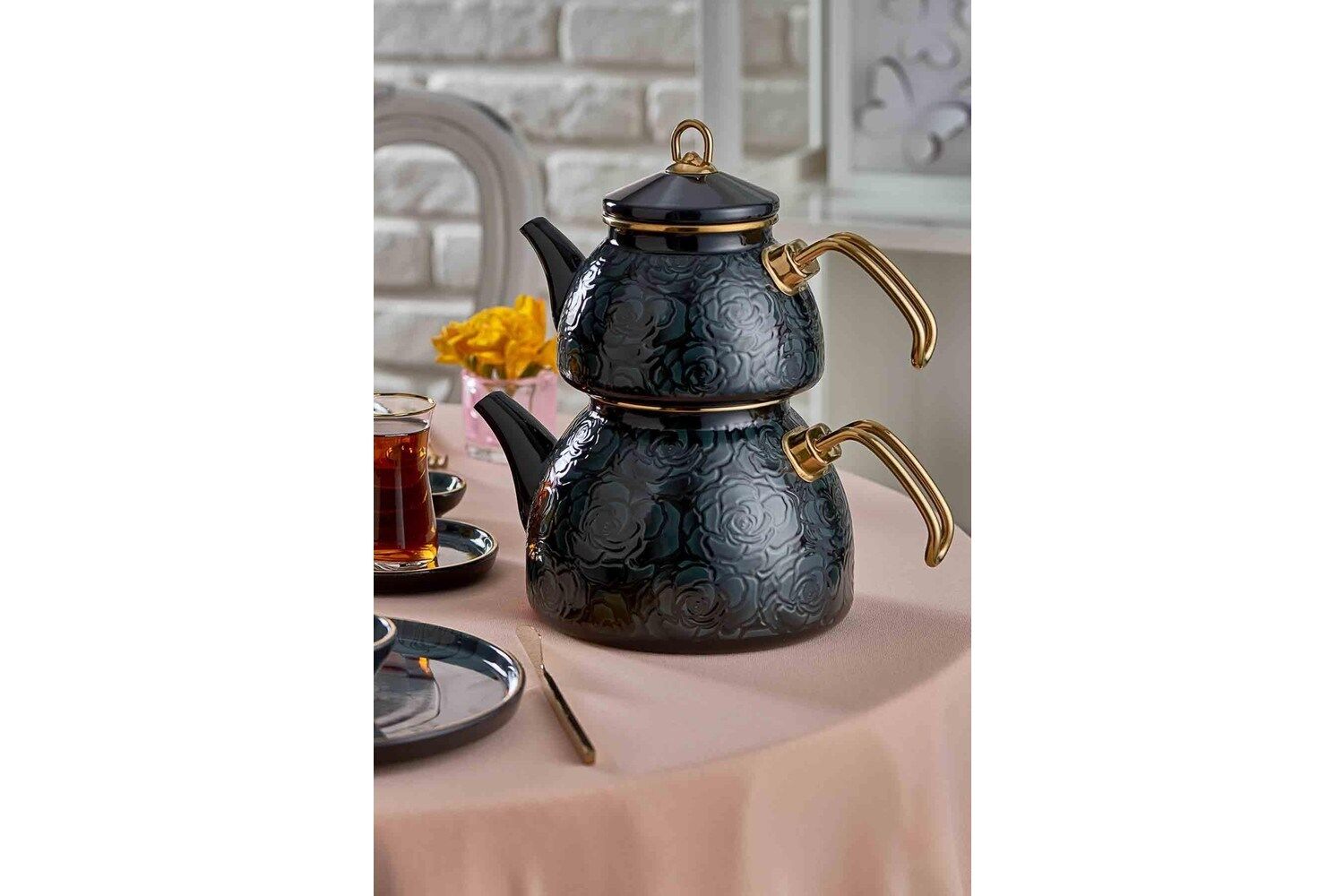 N3233 Bitter Gülriz Emaye Demlik Seti