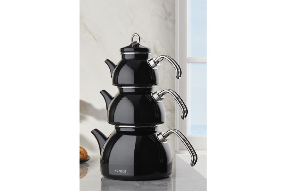 NV10021 Siyah Emaye 3 Katlı Çaydanlık Takımı