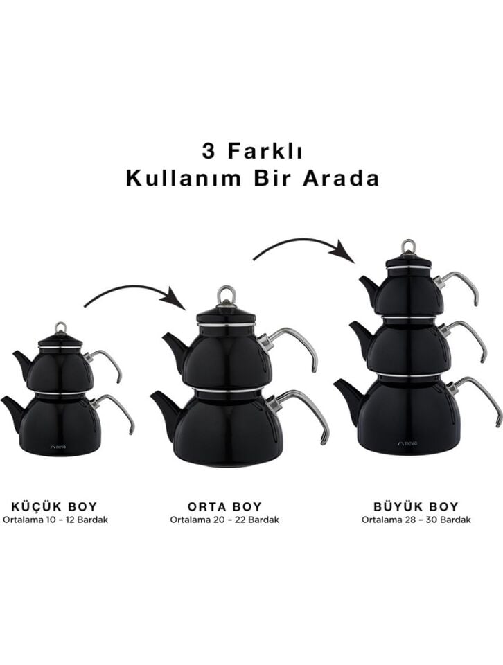 NV10021 Siyah Emaye 3 Katlı Çaydanlık Takımı