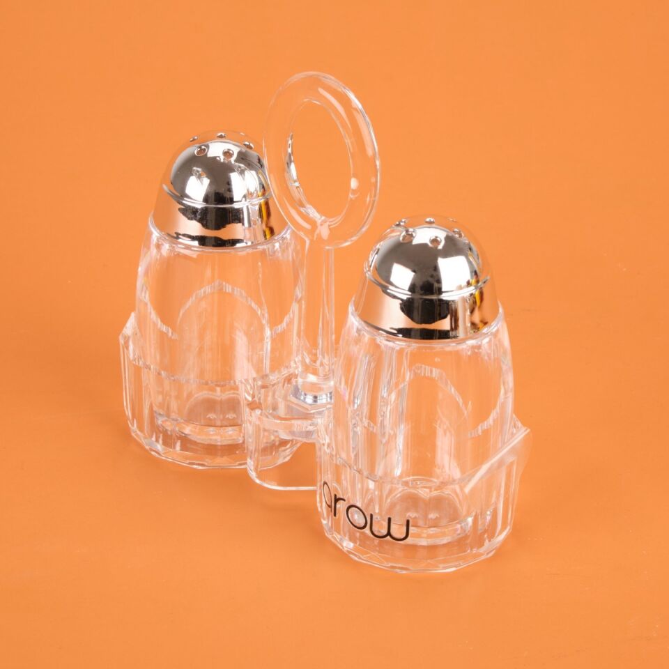 Metal Başlıklı Akrilik Tuzluk Seti - Şeffaf / Gri - 7 Cm