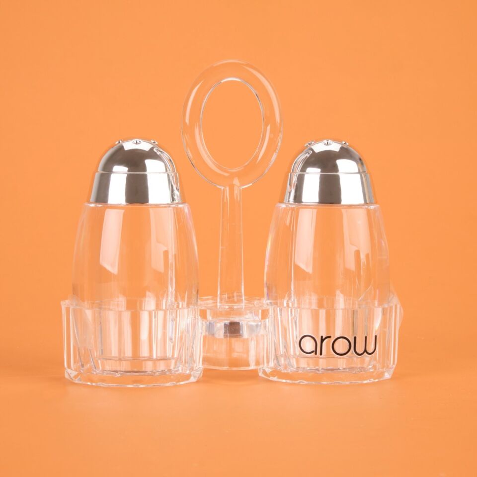 Metal Başlıklı Akrilik Tuzluk Seti - Şeffaf / Gri - 7 Cm