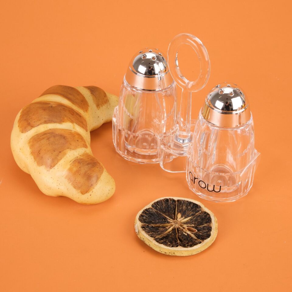 Metal Başlıklı Akrilik Tuzluk Seti - Şeffaf / Gri - 7 Cm