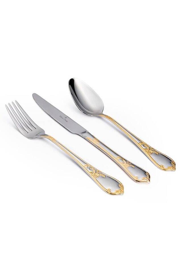 Athens Gold Dekorlu 6 Kişilik 42 Parça Paslanmaz Çelik Çatal Kaşık Bıçak Takımı Kutulu