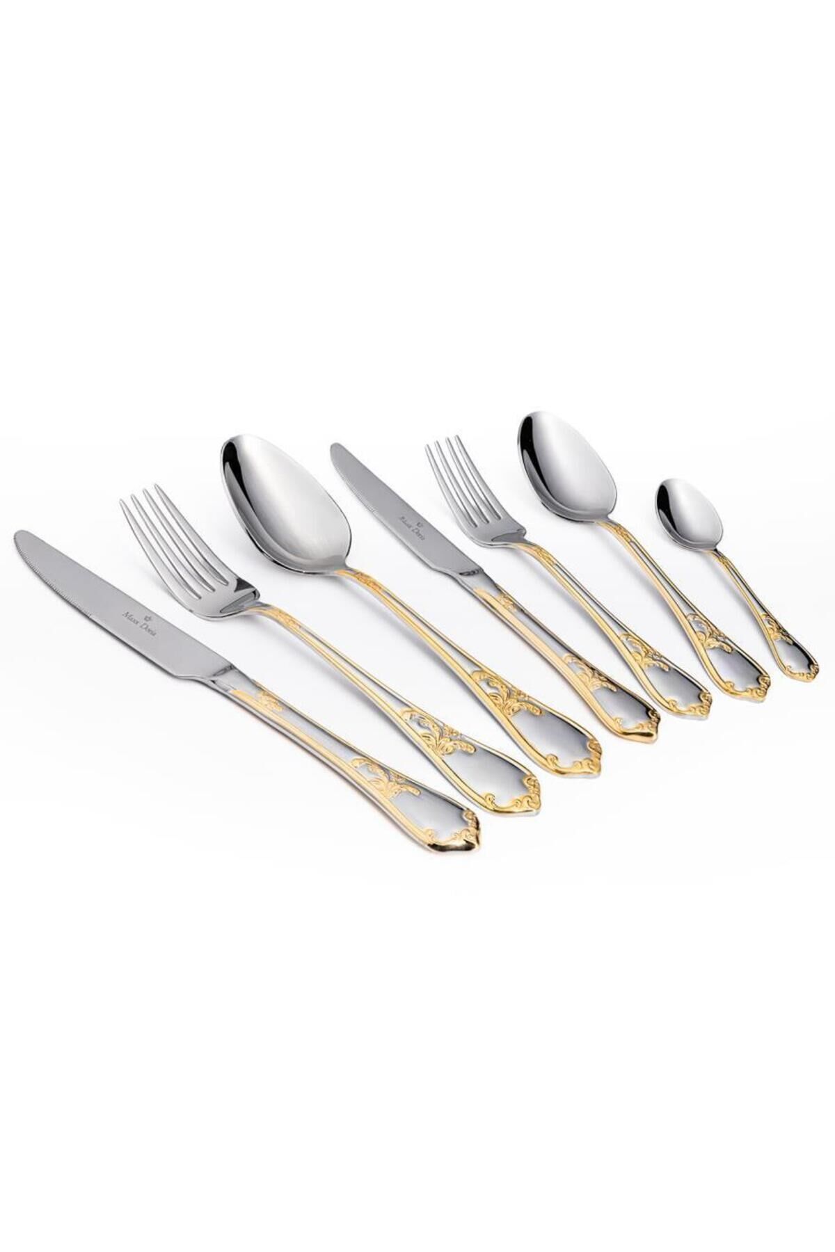 Athens Gold Dekorlu 6 Kişilik 42 Parça Paslanmaz Çelik Çatal Kaşık Bıçak Takımı Kutulu