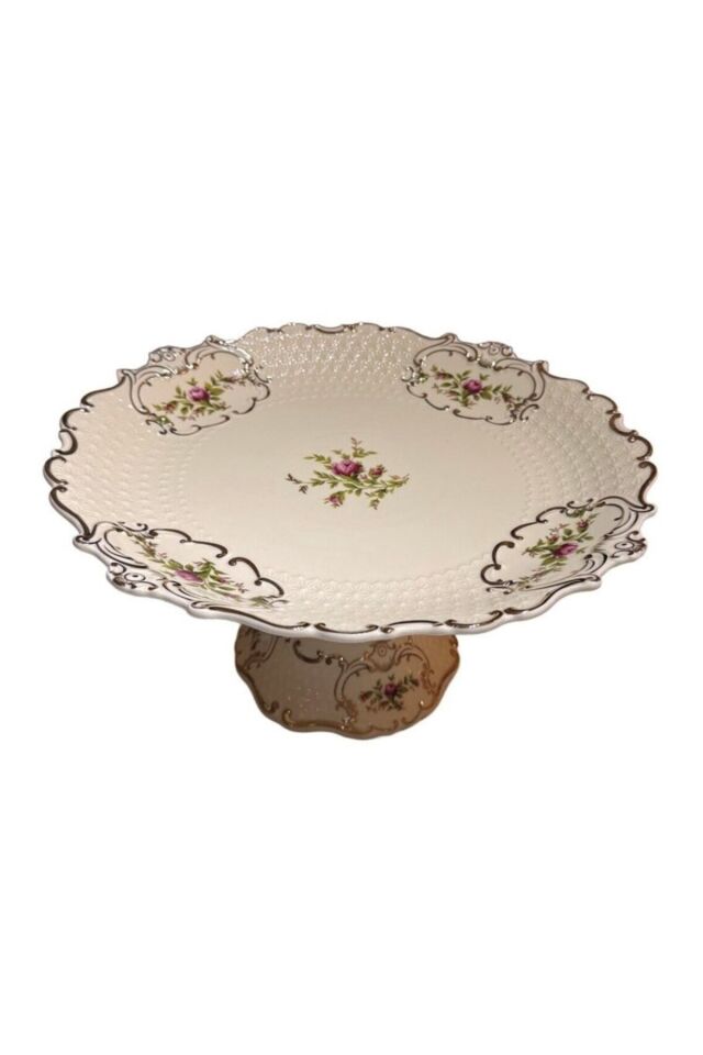 Diana Ayaklı Kek Standı 31 cm Vintage Çiçek Desenli Gold Detaylı