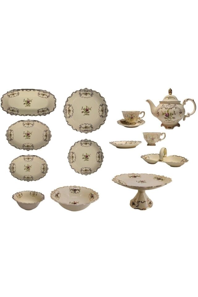 Diana 20cm 6 Lı Pasta Tabak Seti Vintage Gold Detaylı Çiçek Desenli