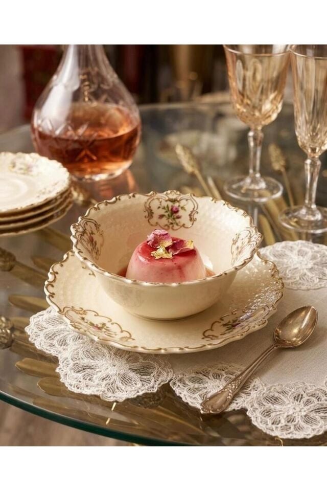 Diana Porselen 6 lı Çorba Kasesi Vintage Çiçek Desenli Gold Detaylı