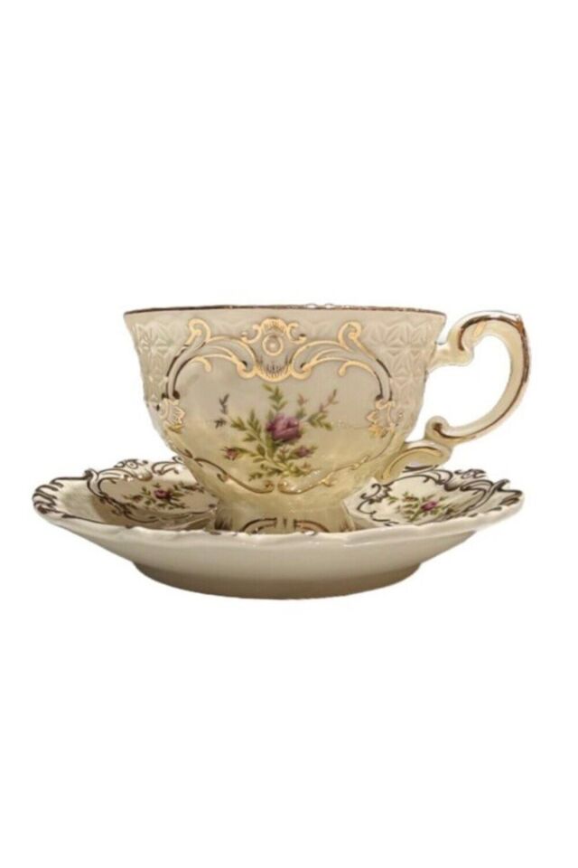 Diana Porselen 6 Lı Çay Fincan Seti Vintage Çiçek Desenli Gold Detaylı