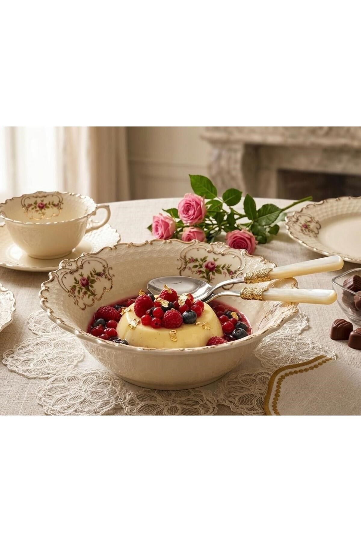 Diana Bol Derin Kase Vintage Çiçek Desenli Gold Detaylı