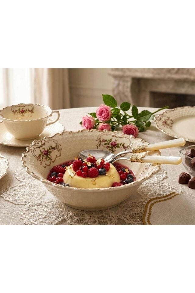 Diana Bol Derin Kase Vintage Çiçek Desenli Gold Detaylı