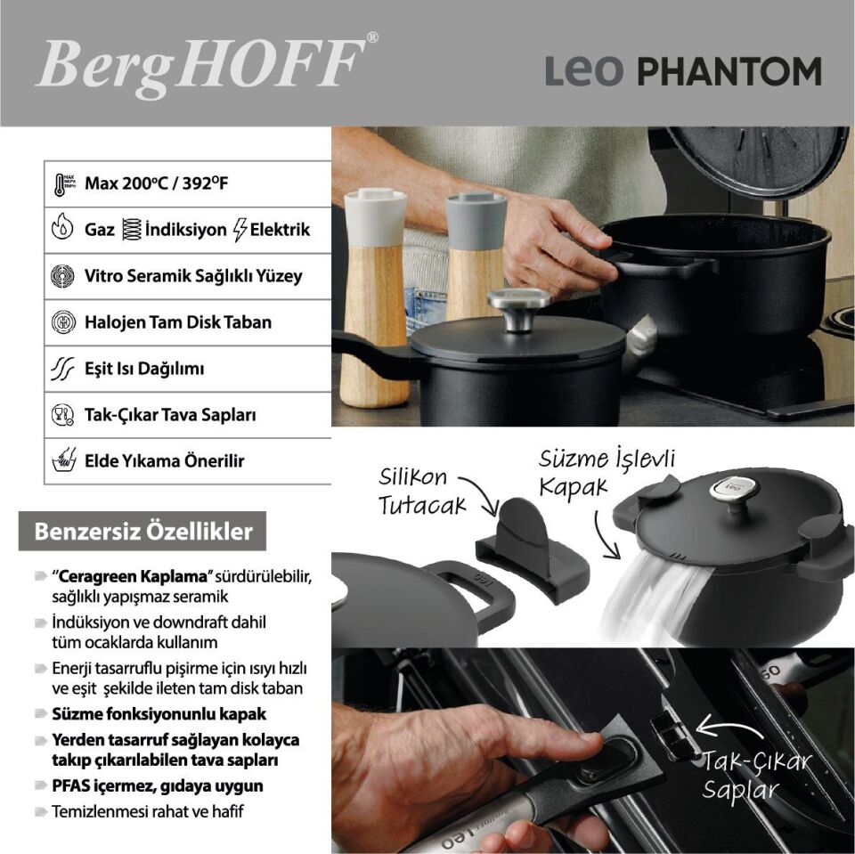 Berghoff Leo Phantom Yapışmaz Kapaklı Derin Tencere 28x13 Cm