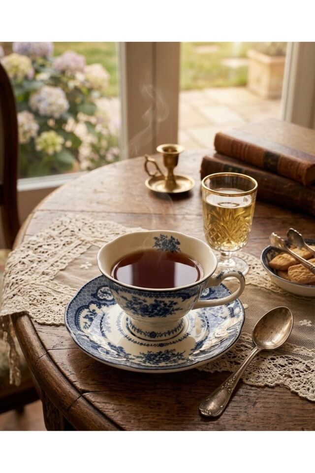 Elizabeth Bone Porselen 6 lı Çay Fincanı Mavi Vitage