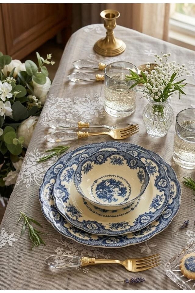 Elizabeth Bone Porselen 6 lı Servis Tabağı Mavi Vitage 26 cm