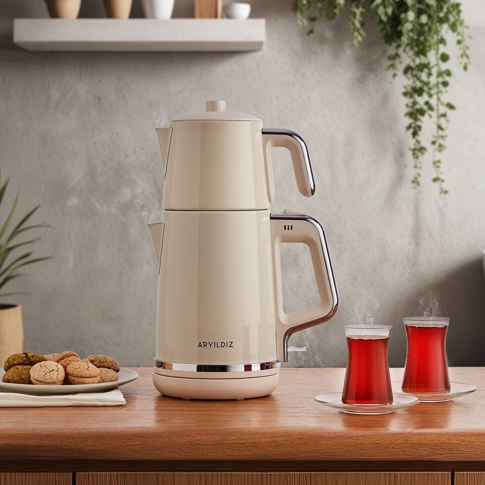 Çay Makinesi Krem Çelik Malzemeden 1.7 L Su Isıtıcı ve 0.8 L Demlik Kapasitesi