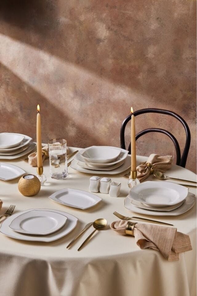 Karaca Square Bone Beyaz Altın 53 Parça 12 Kişilik Yemek Takımı