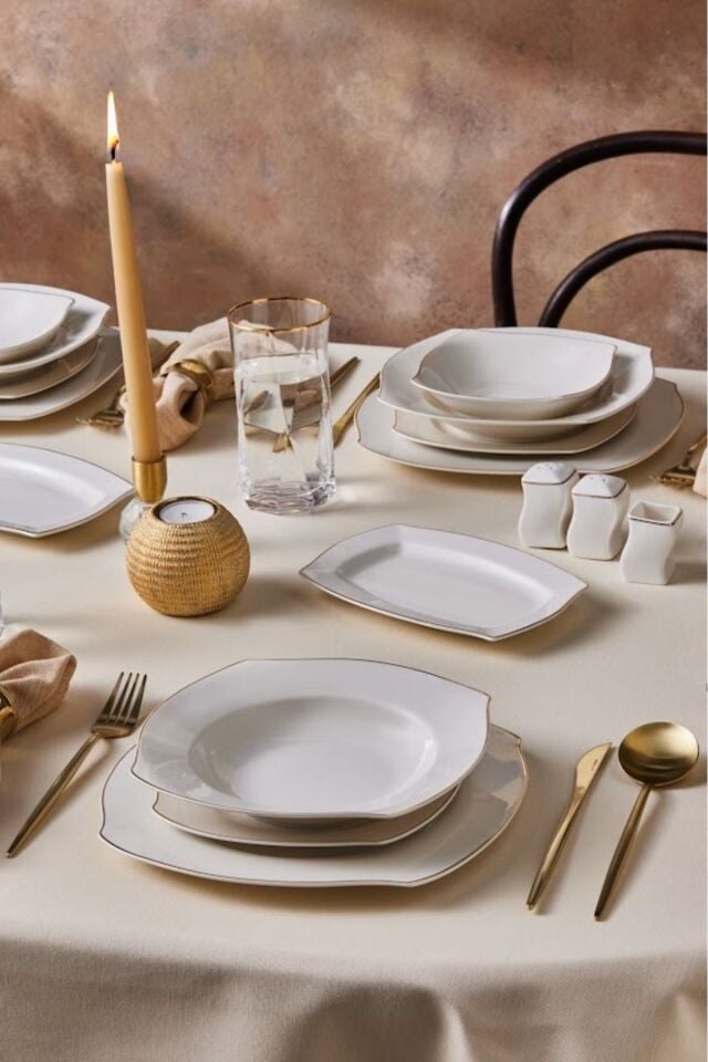 Karaca Square Bone Beyaz Altın 53 Parça 12 Kişilik Yemek Takımı