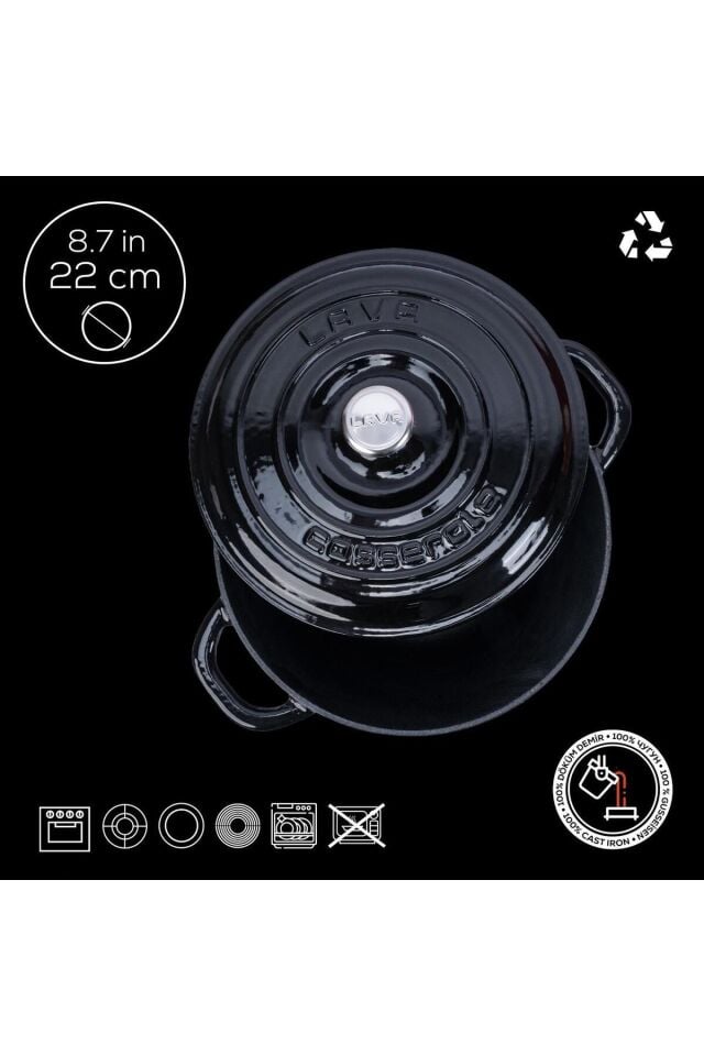 Lava Döküm Yuvarlak Tencere Döküm Demir Kapak New Heritage Serisi Çap(Ø)22cm.