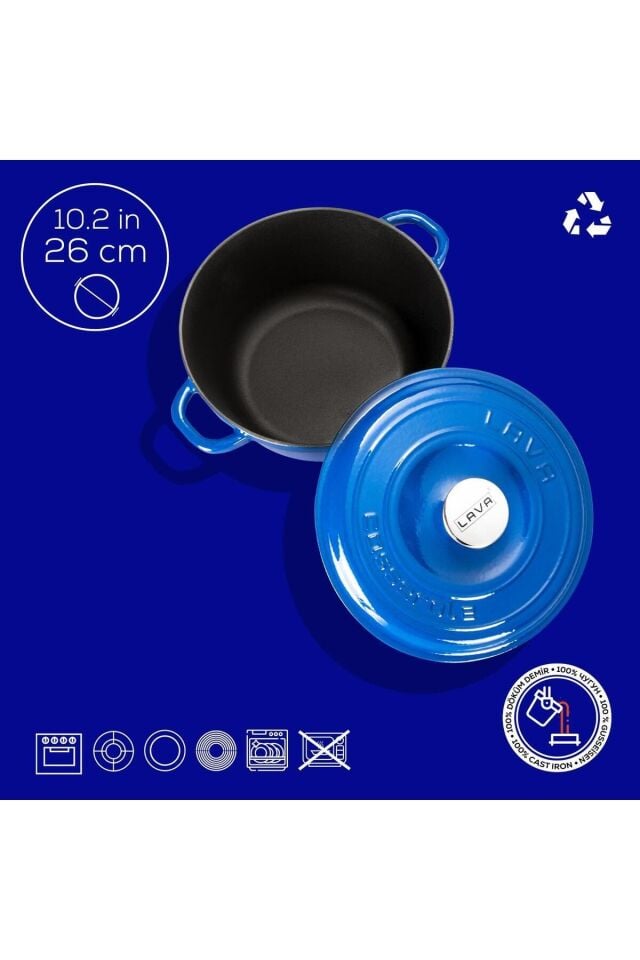 Lava Döküm Yuvarlak Tencere Döküm Demir Kapak New Heritage Serisi Çap(Ø)26cm.