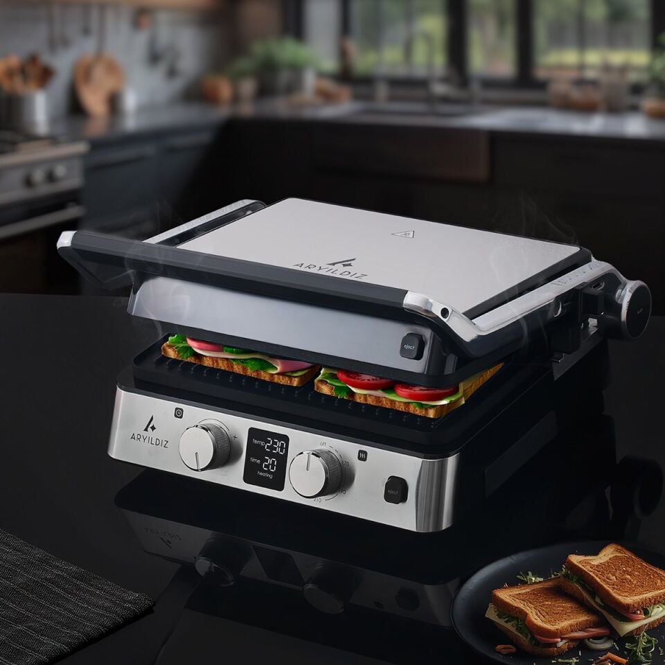 Deluxe Grill Tost Makinesi 2200 W Çift Taraflı Yanmaz Yapışmaz Kaplama Açık Gri
