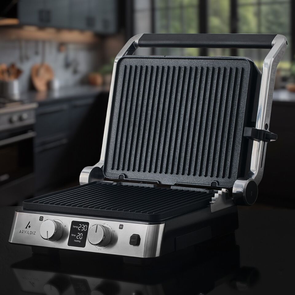 Deluxe Grill Tost Makinesi 2200 W Çift Taraflı Yanmaz Yapışmaz Kaplama Açık Gri