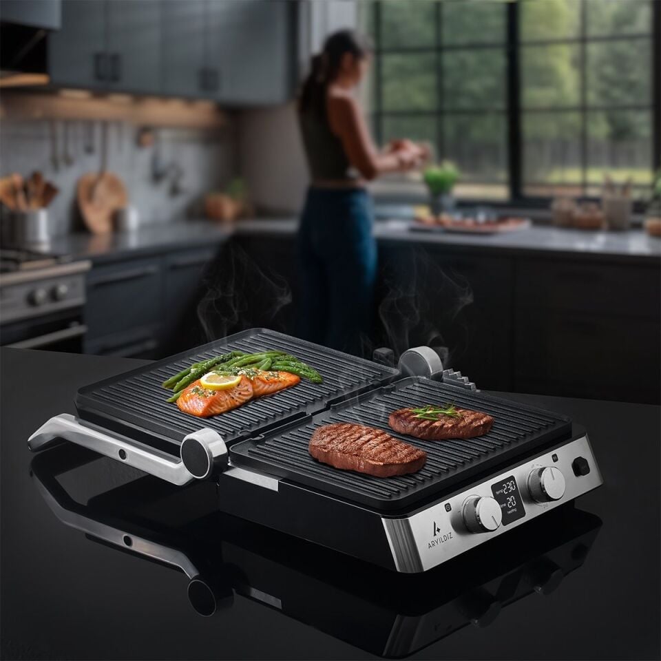Deluxe Grill Tost Makinesi 2200 W Çift Taraflı Yanmaz Yapışmaz Kaplama Açık Gri