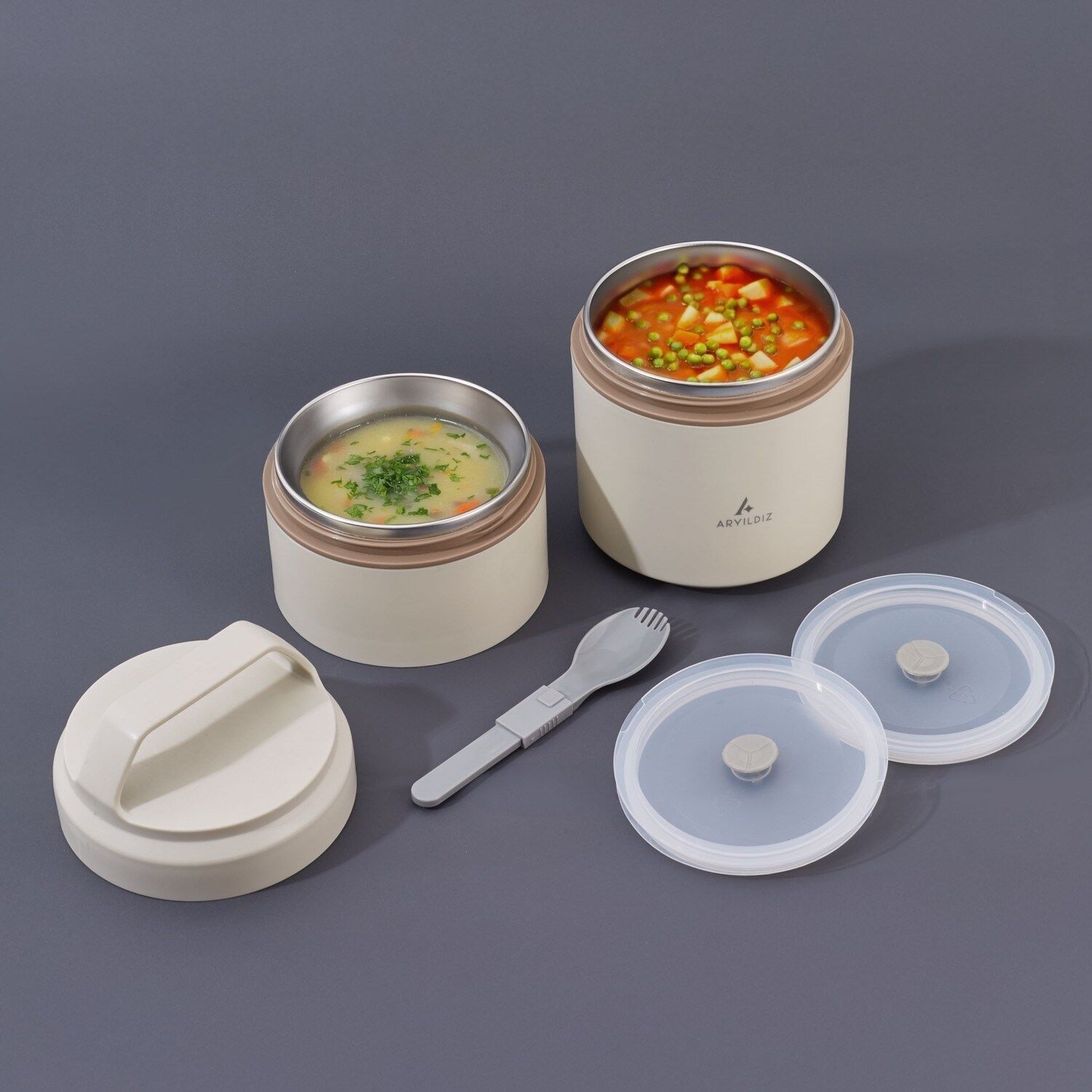 Bento Yuvarlak 2 Katlı Lunch Box Yemek Termosu Bej 1200 ml