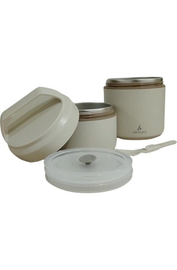 Bento Yuvarlak 2 Katlı Lunch Box Yemek Termosu Bej 1200 ml