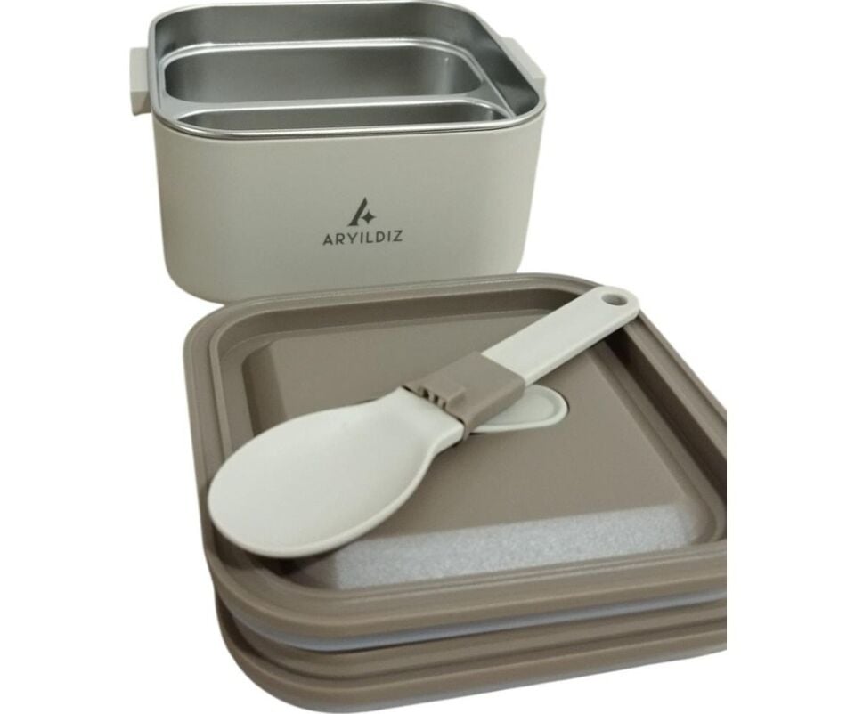 Bento Kare 2 Katlı Lunch Box Yemek Termosu Bej 1400 Ml