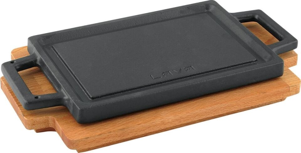 Lava Döküm Dikdörtgen Hot Plate, Ahşap Altlıklı. Ölçü 22X15CM.