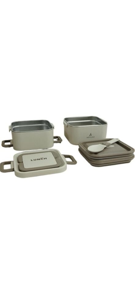 Bento Kare 2 Katlı Lunch Box Yemek Termosu Bej 1400 Ml