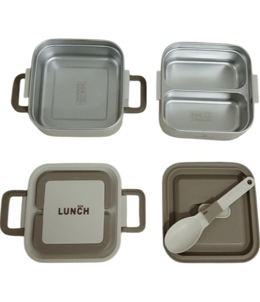 Bento Kare 2 Katlı Lunch Box Yemek Termosu Bej 1400 Ml