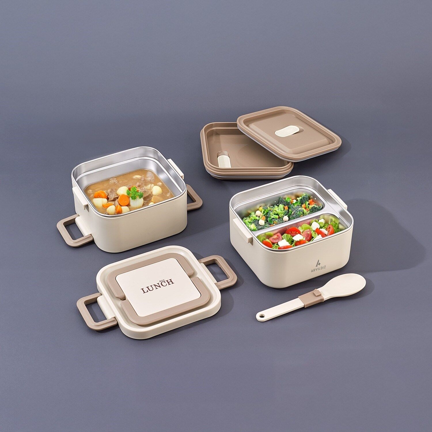 Bento Kare 2 Katlı Lunch Box Yemek Termosu Bej 1400 Ml