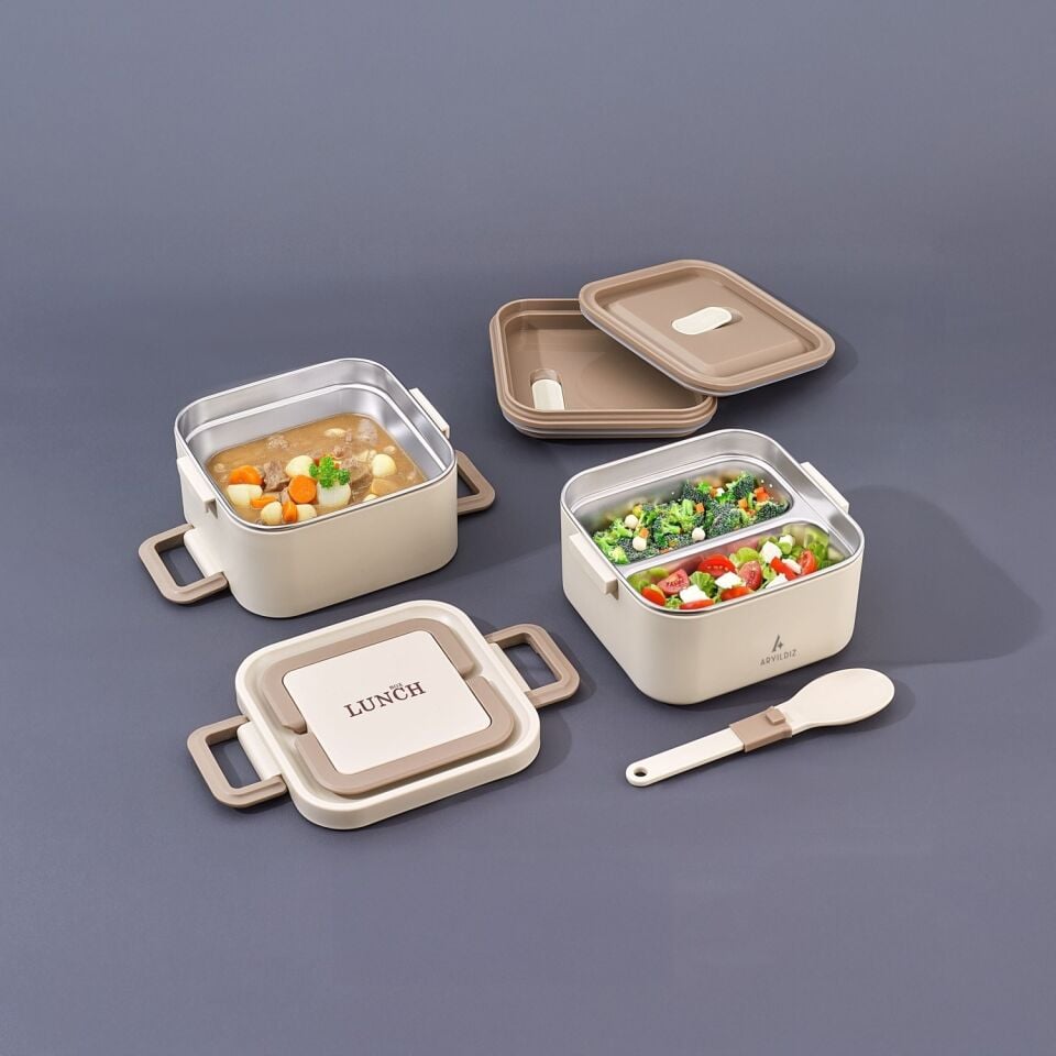Bento Kare 2 Katlı Lunch Box Yemek Termosu Bej 1400 Ml