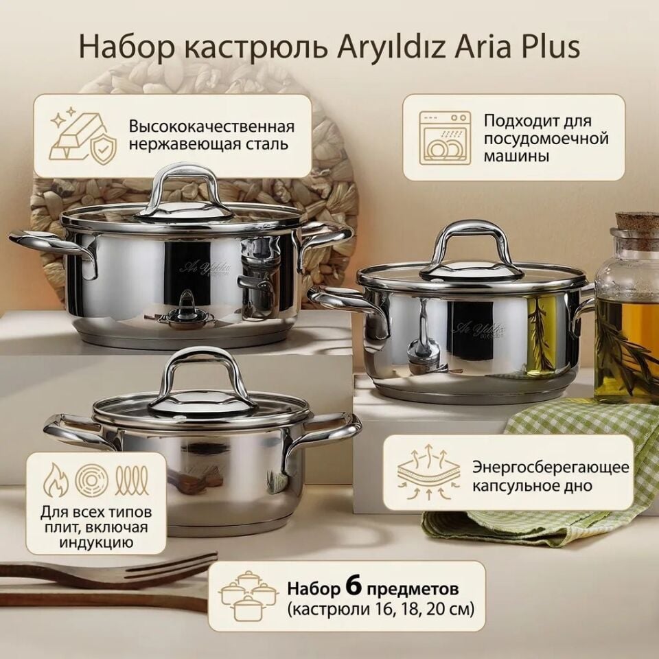 Aria Plus Midi 6 Parça Tencere Seti 16 X 18 X 20 Cm Paslanmaz Çelik Ve Şık Tasarım