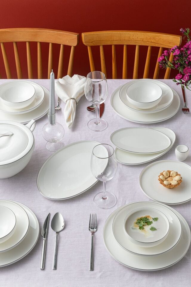 Emsan Fine Bone Freya 60 Parça 12 Kişilik Yuvarlak Yemek Takımı Platin