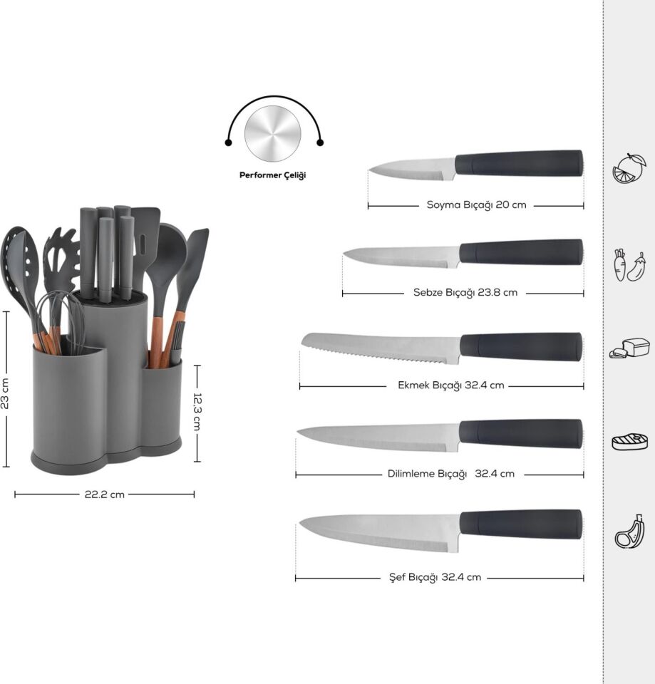 Karaca Burby Gri 14 Parça Standlı Servis ve Bıçak Seti
