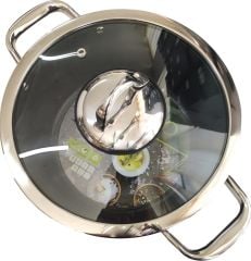 Leggno 24 cm Cam Kapaklı Çelik Kulplu Derin Tencere