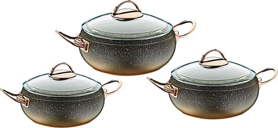 Oms Granit Tencere Seti Cam Kapaklı 6 Parça Gold