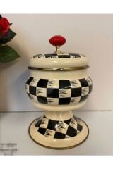 Kitchen Beyond Dama Desen Siyah-krem Emaye 16x21cm Tombik Şekerlik 0240